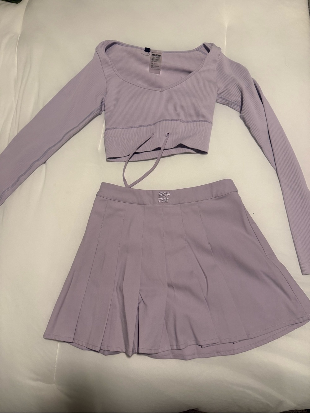 GOATIE Lavender Ribbed Long Sleeve Crop Top & Pleated Skirt Set